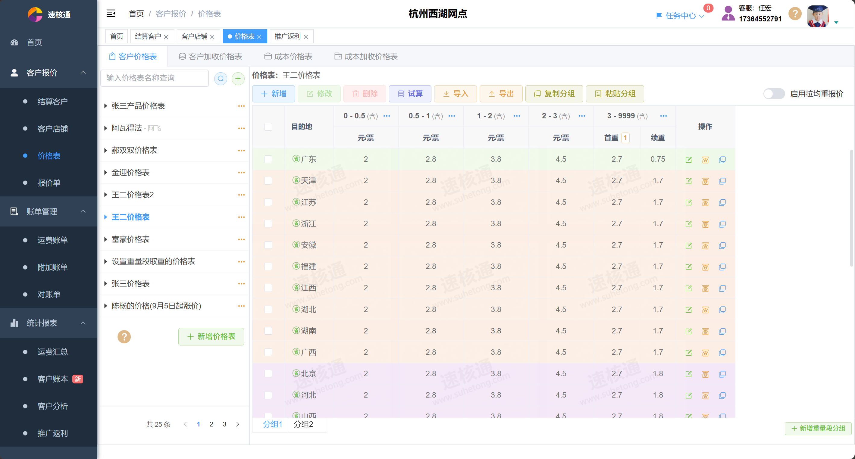 速核通报价政策管理界面